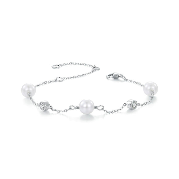 925 Sterling Silver 3mm Moissanite & Shell Pearl Bracelet for Women