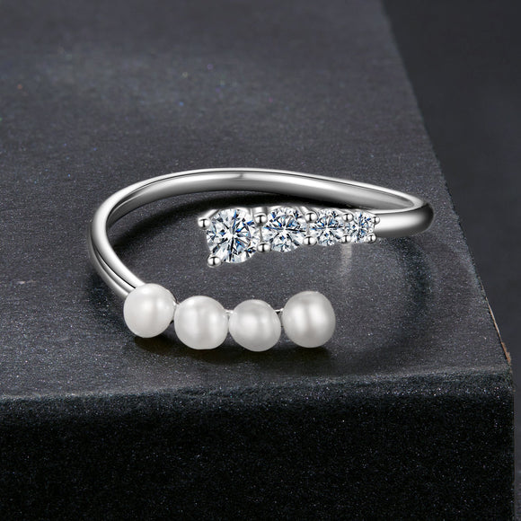 925 Sterling Silver Moissanite & Freshwater Pearl Ring, White Gold Plated, Size E for Women