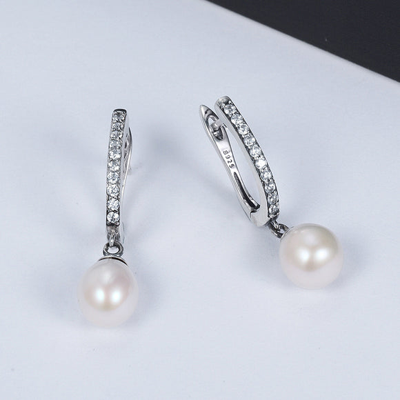 925 Sterling Silver Freshwater Pearl Earrings with Pavé Setting CZ for Women