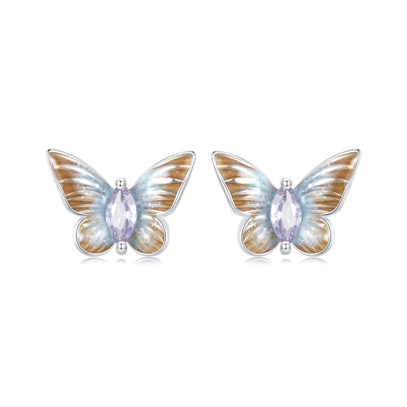925 Sterling Silver Earrings with Enamel and Pavé Set CZ, 7x10mm, White Gold Plated for Women
