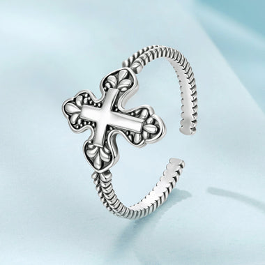 925 Sterling Silver Oxidized Silver 0.18cm Crucifix Adjustable Ring for Women - 0