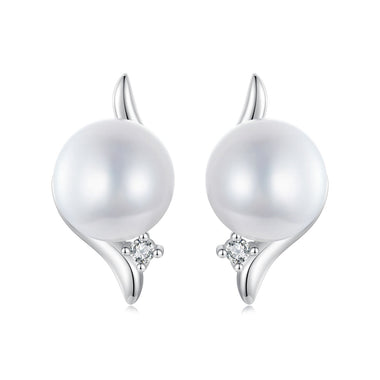 925 Sterling Silver Natural Pearl & CZ Earrings Plated in Platinum - 0