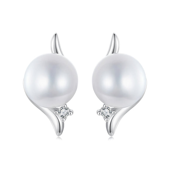 925 Sterling Silver Natural Pearl & CZ Earrings Plated in Platinum