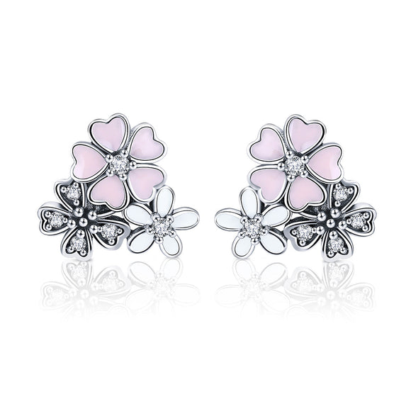 925 Sterling Silver Earrings with Pavé Setting, Oxidized Silver, Enamel - 1.0 x 1.1 cm for Women
