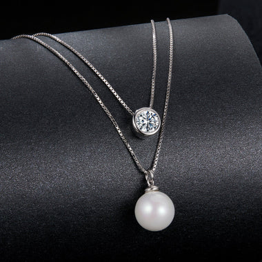 925 Sterling Silver Moissanite & Quality Shell Pearl Necklace for Women - 40+5cm, White Gold Plated - 0