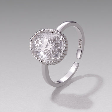 925 Sterling Silver Pavé Setting CZ White Gold Plated Ring with Transparent Glass for Women - 0