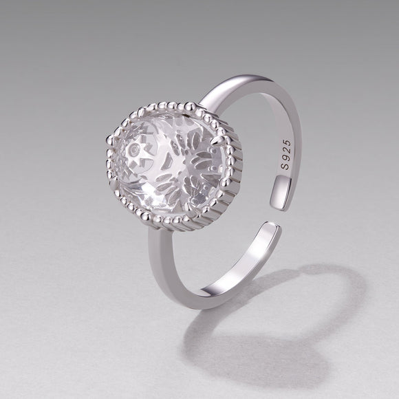 925 Sterling Silver Pavé Setting CZ White Gold Plated Ring with Transparent Glass for Women