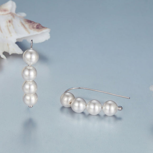 925 Sterling Silver White Gold Plated Earrings with Quality Shell Pearl, 2.1*0.5cm for Women