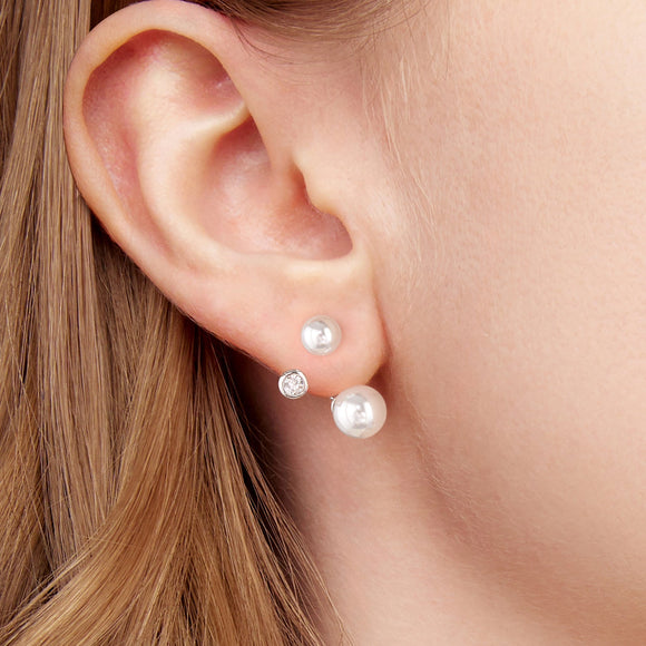 925 Sterling Silver Earrings with CZ and Synthetic Pearl, 1.7cm, White Gold Plated for Women