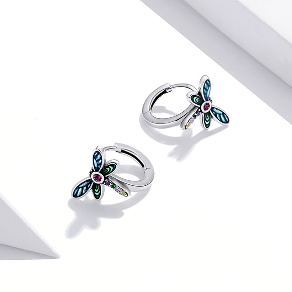 925 Sterling Silver Dragonfly Earrings with CZ and Enamel - 0.9 cm for Women