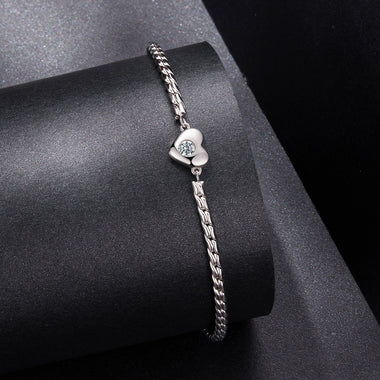 925 Sterling Silver Moissanite Heart Bracelet for Women - Silver - 15+6cm Length, 0.3cm Thickness - 0