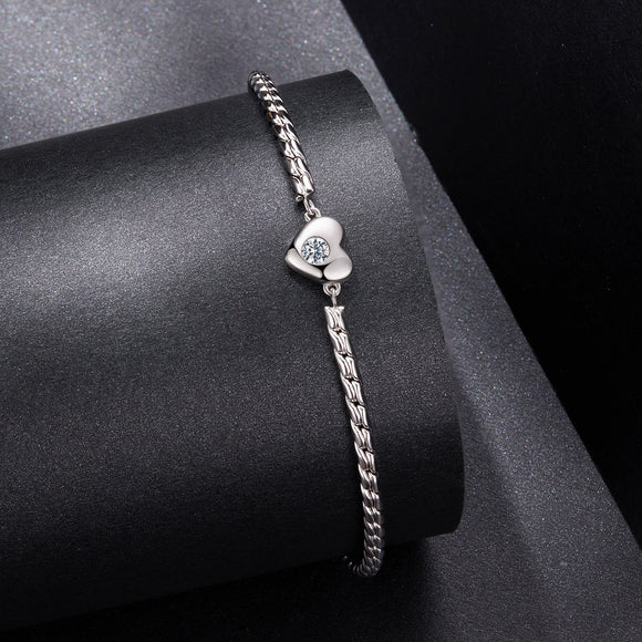 925 Sterling Silver Moissanite Heart Bracelet for Women - Silver - 15+6cm Length, 0.3cm Thickness