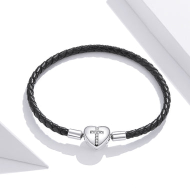 925 Sterling Silver Leather 17cm Bracelet with Oxidized CZ for Women - 0