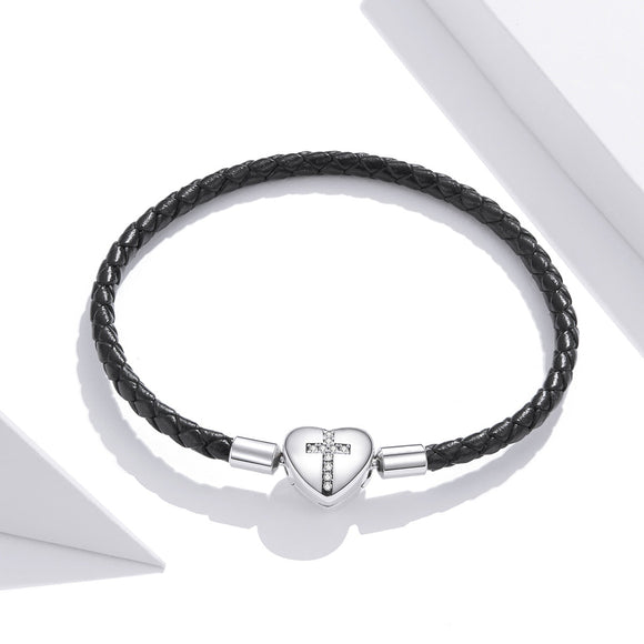 925 Sterling Silver Leather 17cm Bracelet with Oxidized CZ for Women