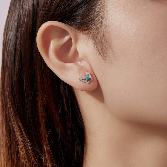 925 Sterling Silver White Gold Plated Earrings with Synthetic Turquoise and CZ