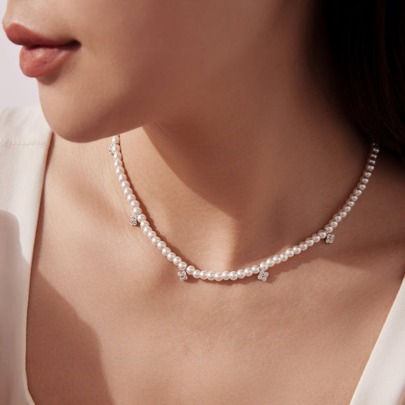 925 Sterling Silver Necklace with Pavé Setting CZ & Synthetic Pearl for Women