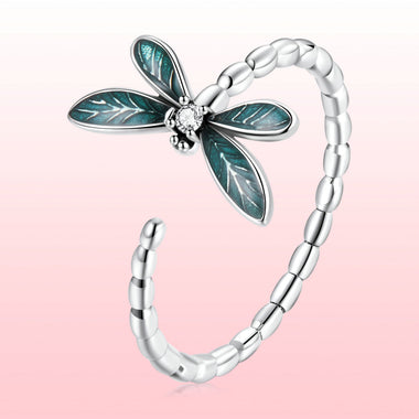 925 Sterling Silver Dragonfly Ring with Enamel & CZ for Women - 0