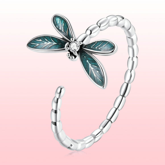 925 Sterling Silver Dragonfly Ring with Enamel & CZ for Women