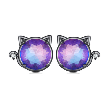925 Sterling Silver Earrings with Pavé CZ and Transparent Glass in Black Gold, 1.0*1.2cm, for Women - 0