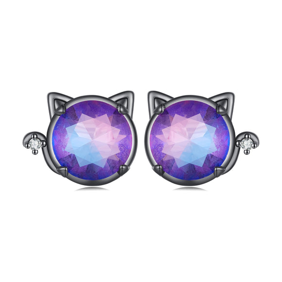 925 Sterling Silver Earrings with Pavé CZ and Transparent Glass in Black Gold, 1.0*1.2cm, for Women