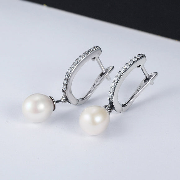 925 Sterling Silver Freshwater Pearl Earrings with Pavé Setting CZ for Women
