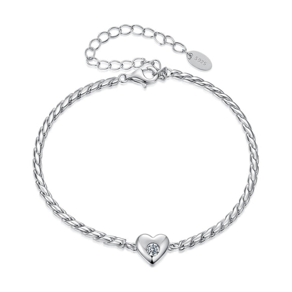 925 Sterling Silver Moissanite Heart Bracelet for Women - Silver - 15+6cm Length, 0.3cm Thickness