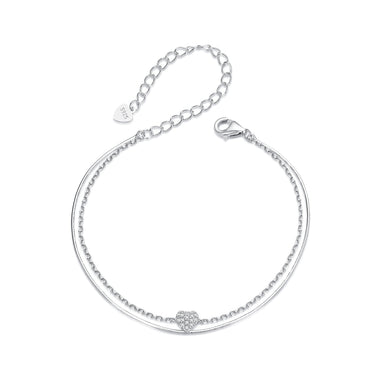 925 Sterling Silver White Gold Plated Heart-Shaped Bracelet with CZ, Length 150+60mm - 0