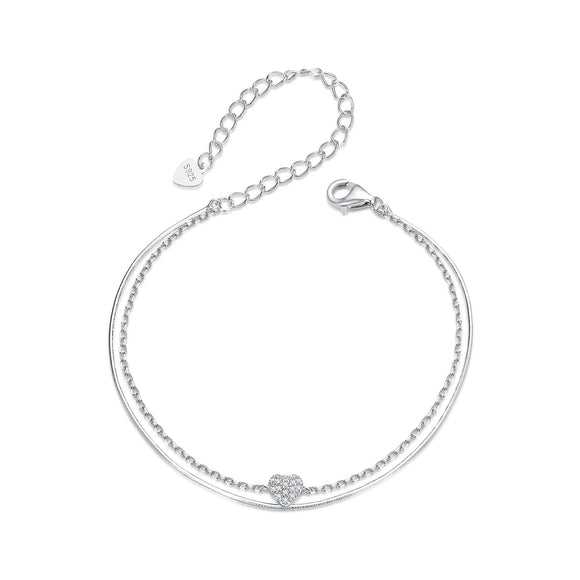 925 Sterling Silver White Gold Plated Heart-Shaped Bracelet with CZ, Length 150+60mm