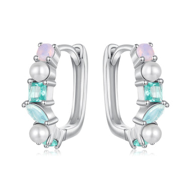 925 Sterling Silver Earrings with Nano Opal, Shell Pearl and Glass, 1.4cm for Women - 0