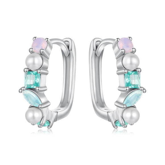 925 Sterling Silver Earrings with Nano Opal, Shell Pearl and Glass, 1.4cm for Women