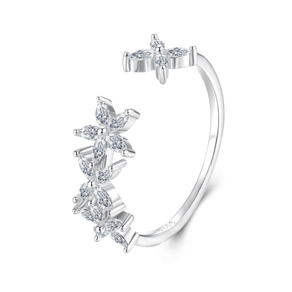 925 Sterling Silver White Gold Plated Pavé Setting CZ Flower Ring for Women
