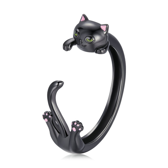 S925 Sterling Silver Plated Black Gold Cat-themed Ring for Women