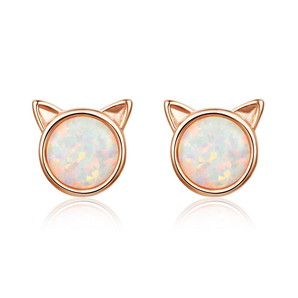 925 Sterling Silver Plated Rose Gold Opal Earrings 0.8cm for Women