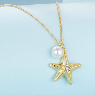 925 Sterling Silver Necklace with Gold Plating, 40+5cm, Featuring Synthetic Pearl & CZ for Women - 0