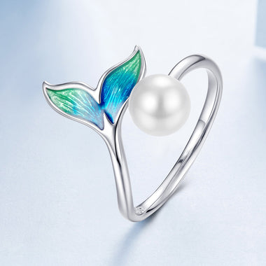 925 Sterling Silver Enamel White Gold Plated Fishtail Ring with Quality Shell Pearl for Women - 0