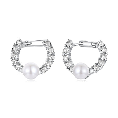 925 Sterling Silver White Gold Plated 1.6cm Hoop Earrings with Synthetic Pearl for Women