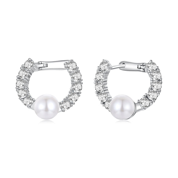 925 Sterling Silver White Gold Plated 1.6cm Hoop Earrings with Synthetic Pearl for Women