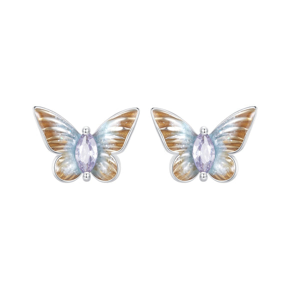 925 Sterling Silver Earrings with Enamel and Pavé Set CZ, 7x10mm, White Gold Plated for Women