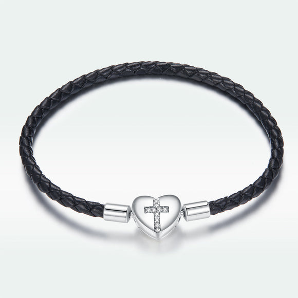 925 Sterling Silver Leather 17cm Bracelet with Oxidized CZ for Women