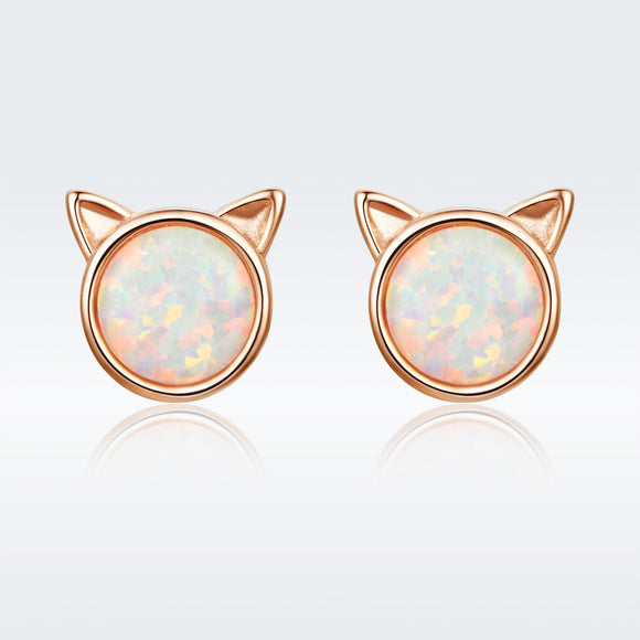 925 Sterling Silver Plated Rose Gold Opal Earrings 0.8cm for Women