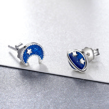 925 Sterling Silver Earrings for Women - Enamel Moon and Sun Design, 0.7x0.6cm, 0.6x0.8cm - 0