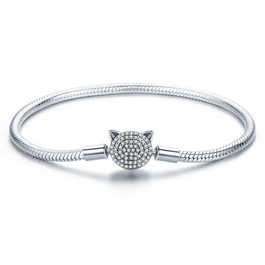 925 Sterling Silver Bracelet with Cat Head Charm, 17cm for Women