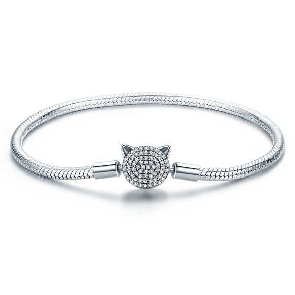 925 Sterling Silver Bracelet with Cat Head Charm, 17cm for Women