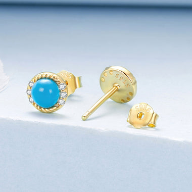925 Sterling Silver Earrings with Synthetic Turquoise and CZ in Gold Plating - 0