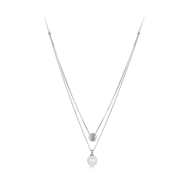 925 Sterling Silver Moissanite & Quality Shell Pearl Necklace for Women - 40+5cm, White Gold Plated