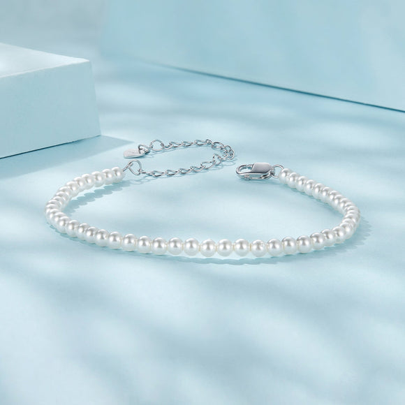 925 Sterling Silver White Gold Plated Shell Pearl Bracelet 16+6cm for Women