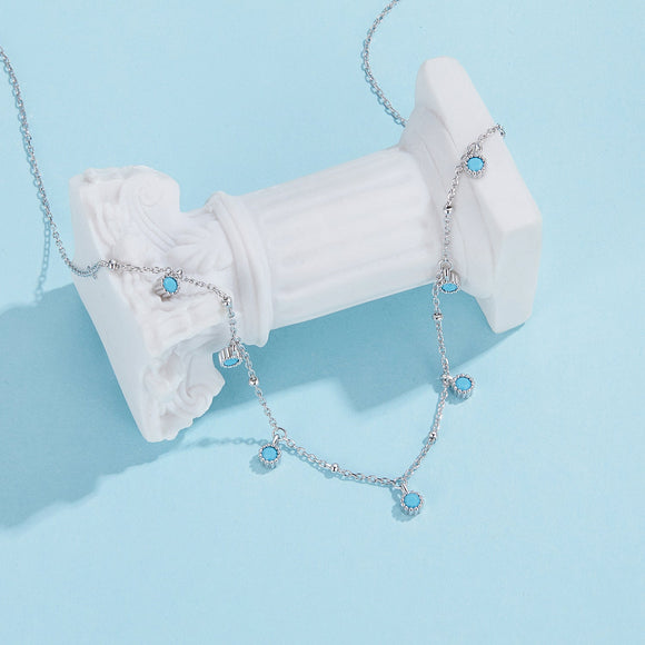 925 Sterling Silver Necklace with Synthetic Turquoise in White Gold, Adjustable 450mm for Women