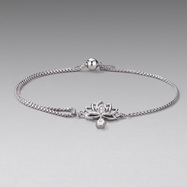 925 Sterling Silver Adjustable Chain Bracelet with White Gold Plating and CZ for Women - 0