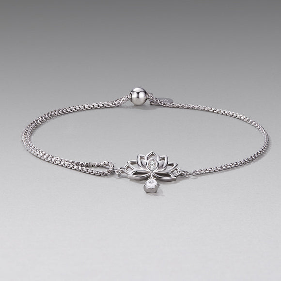 925 Sterling Silver Adjustable Chain Bracelet with White Gold Plating and CZ for Women