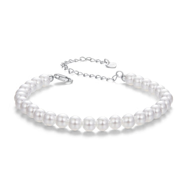 925 Sterling Silver Adjustable White Gold Plated Bracelet with Synthetic Pearl for Women - 0